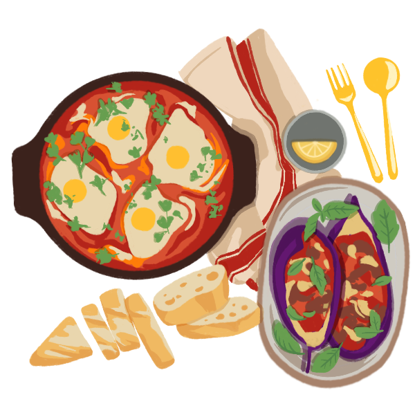 Shakshuka and Stuffed Eggplant Meal